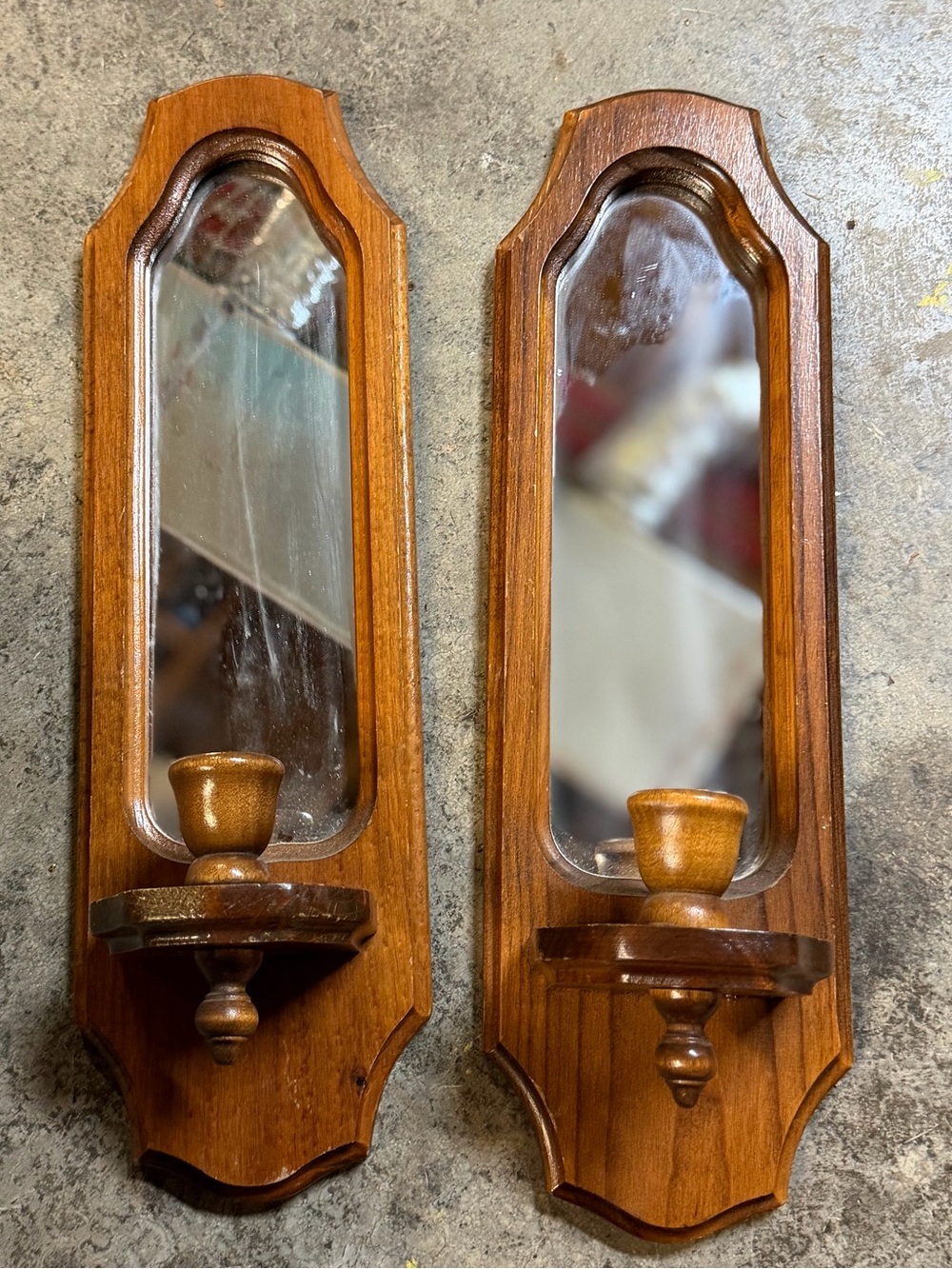 Pair of Vintage Wood Wall Sconces with Mirrors